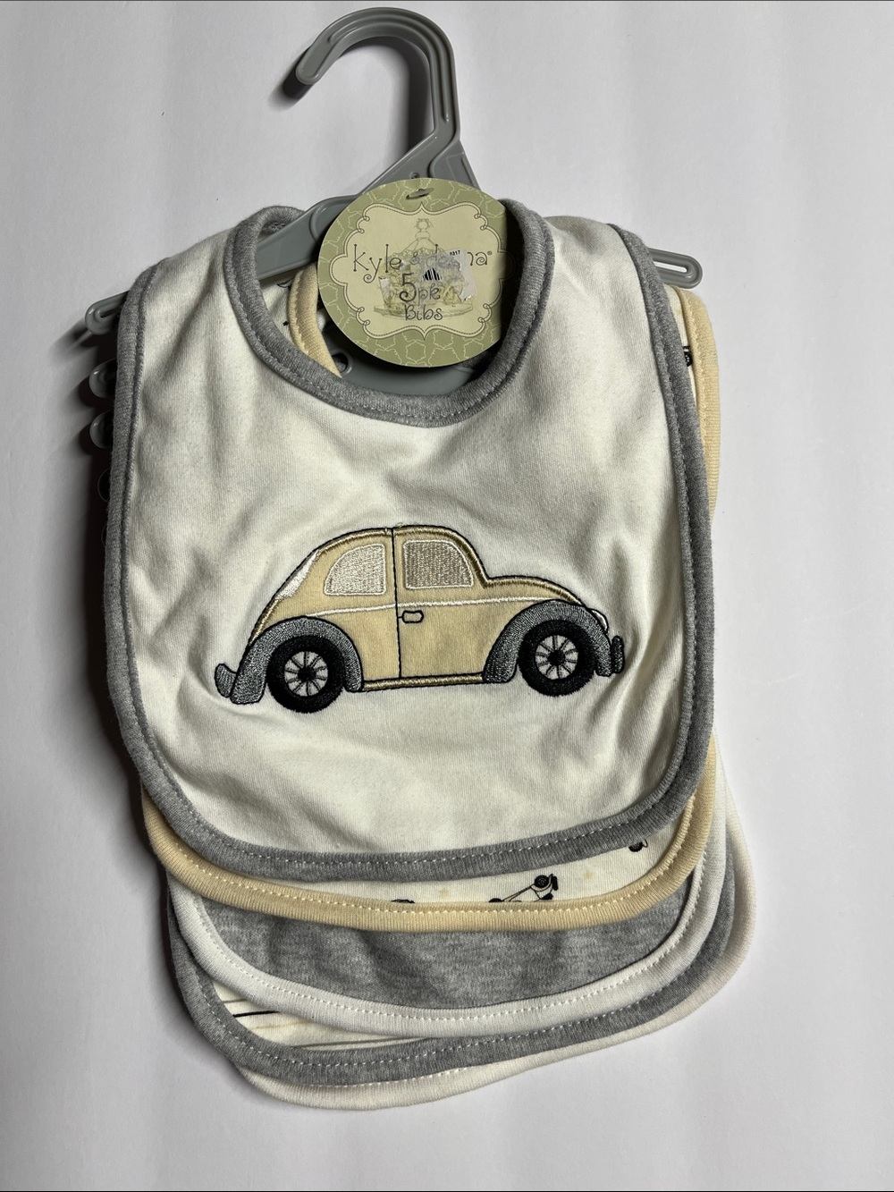 Baby Car Embroidered Bibs - Cream & Gray (5 Pack)
